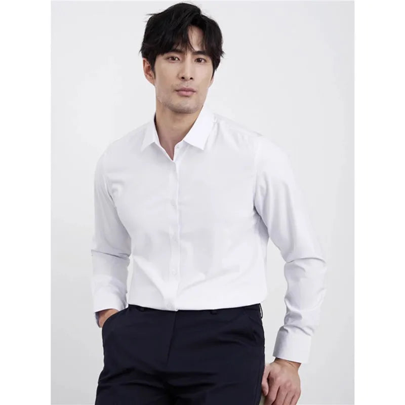 Men's wine red slim fit business shirt with long sleeves and non-ironing polyester blend fabric