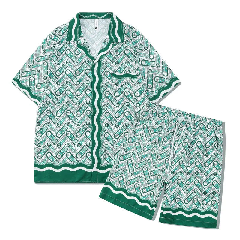 Men's and women's plaid beach shirt outfit with matching trousers in polyester fabric