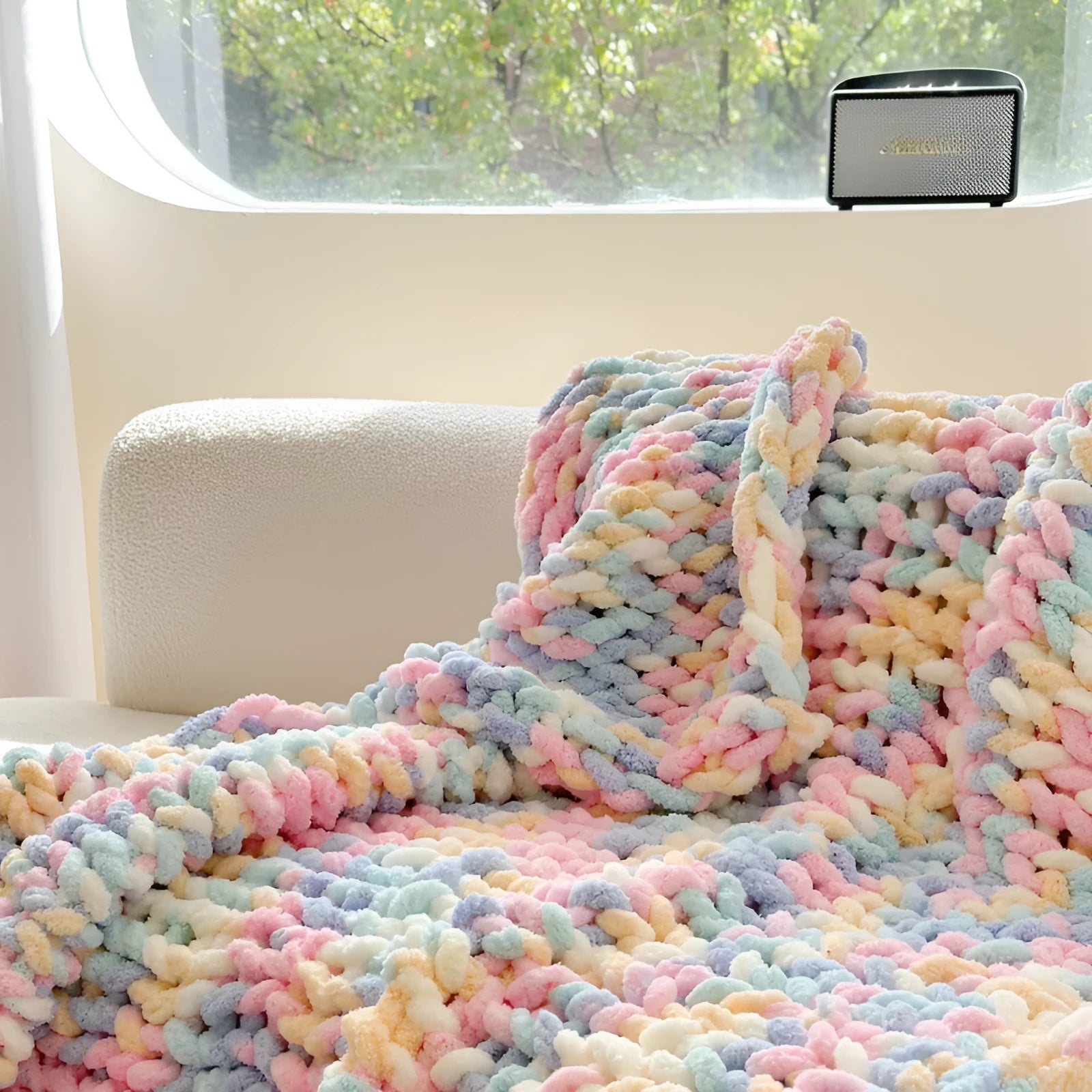 Striped chenille cover blanket 130x170cm in caramel mango colour