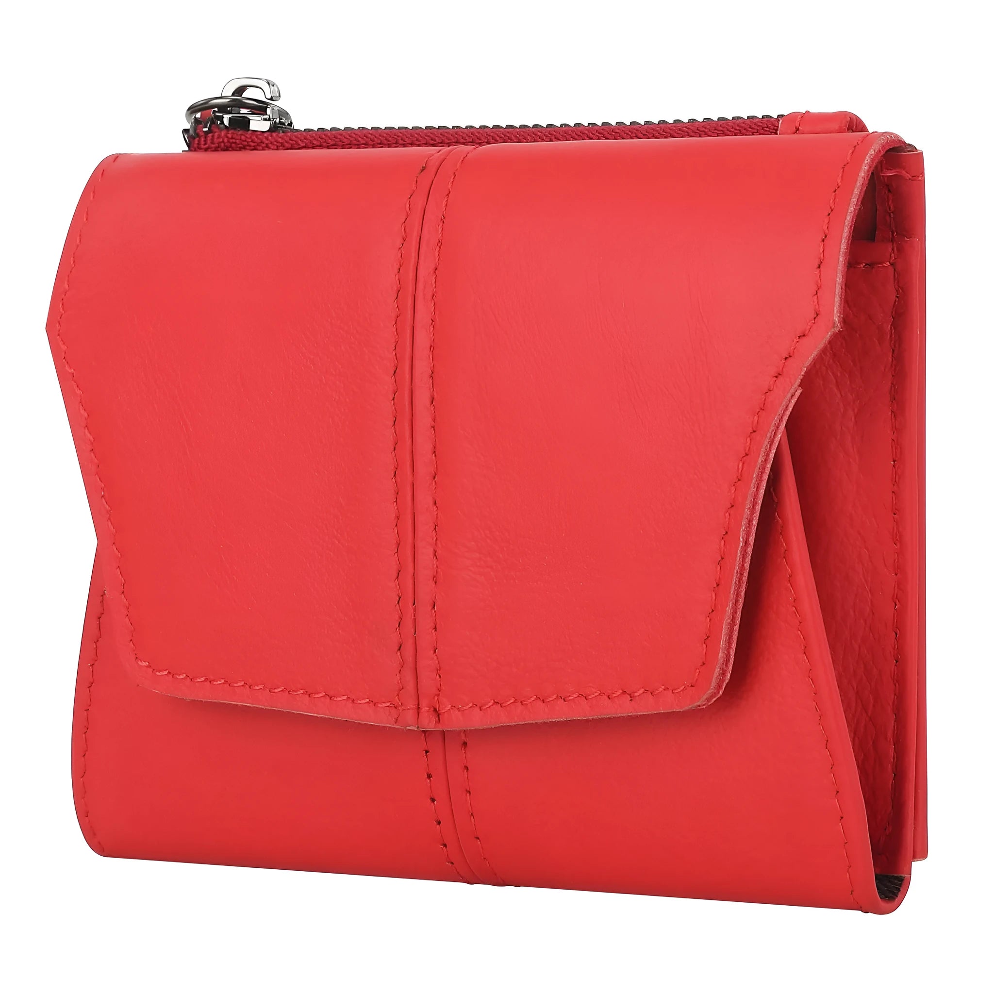 Cowhide genuine leather multifunctional coin purse wallet in retro style with stitching details.