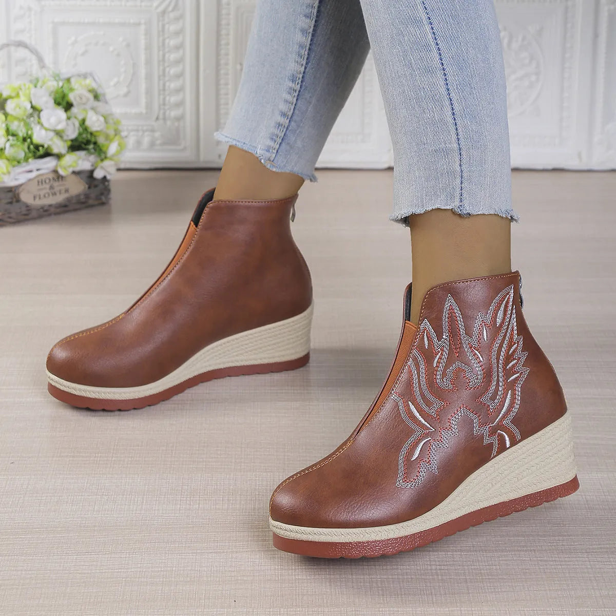 Embroidered thick version retro ankle boots for women in solid colour, artificial PU upper, rubber sole, available in black and brown.