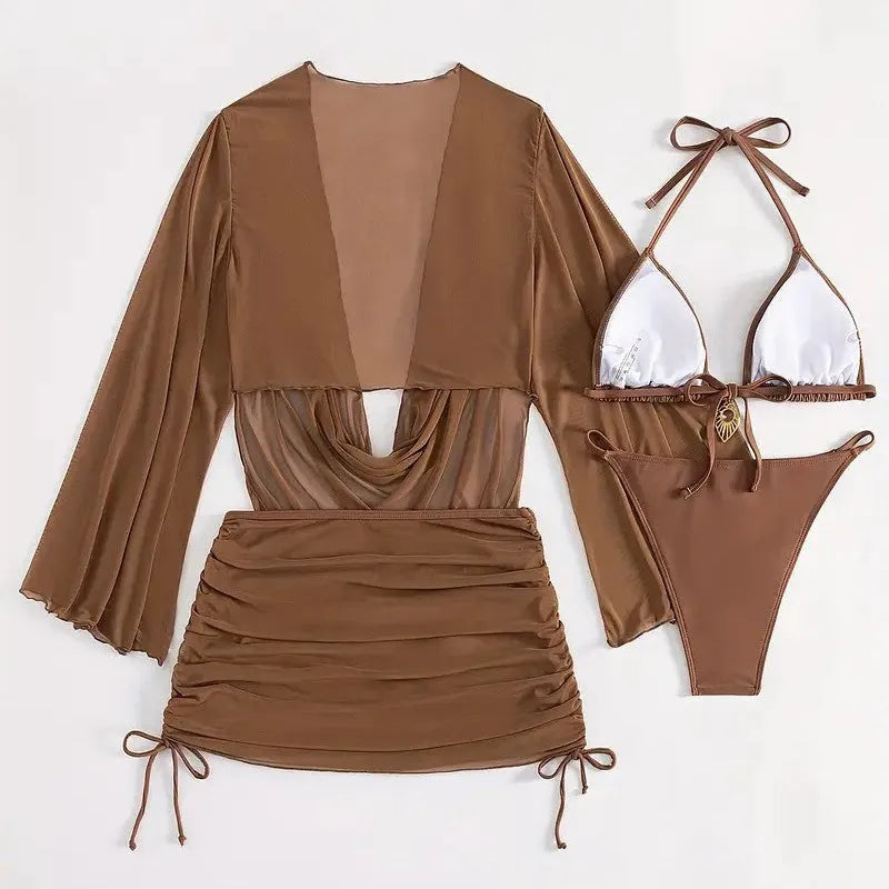 Dark brown women's lace-up backless bikini swimsuit set on a mannequin.