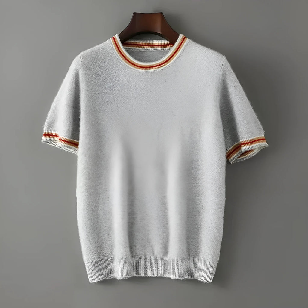 Men's grey pure wool short sleeve round neck pullover sweater laid flat.