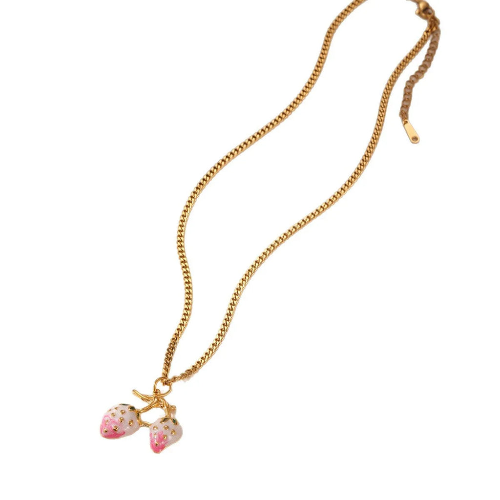 Stainless steel necklace with strawberry fruit pendant in red and white powder gradient colour options