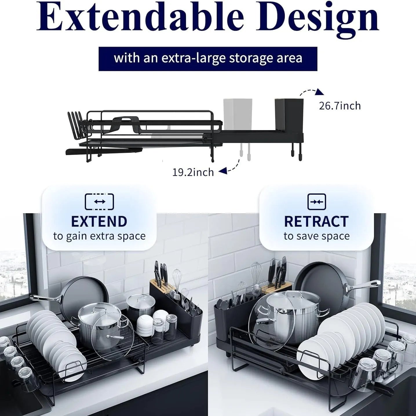 Retractable carbon steel kitchen dish rack for cutlery, knives, forks and cups