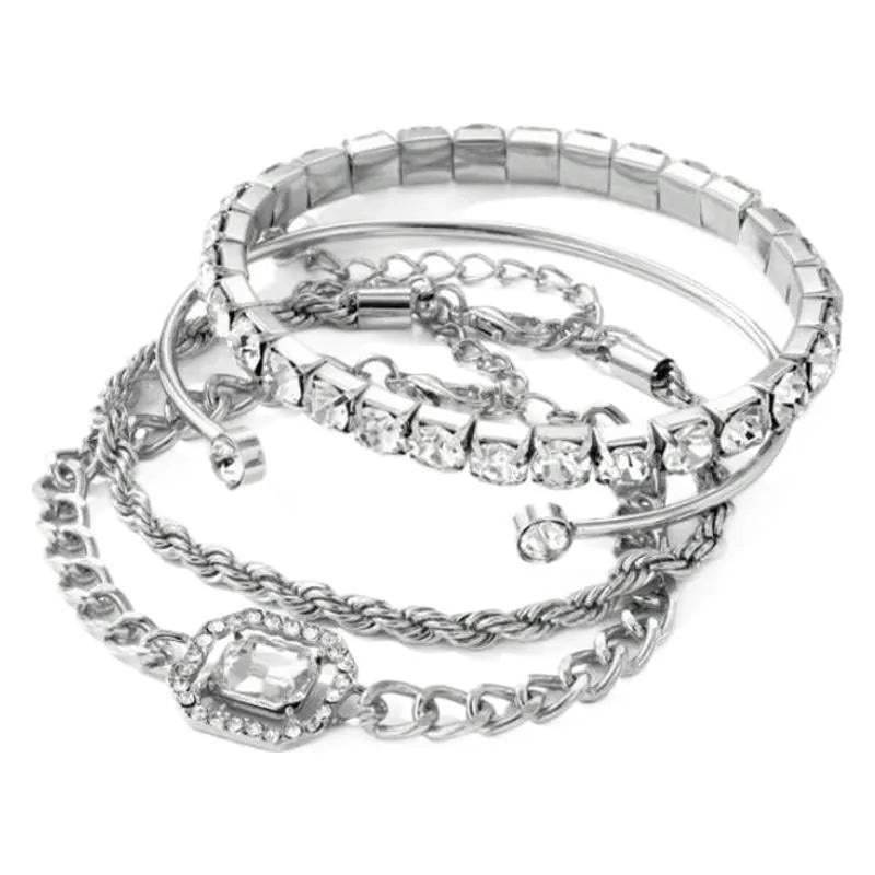 Women's four-piece retro geometric bracelet set in gold or silver alloy with square diamond design