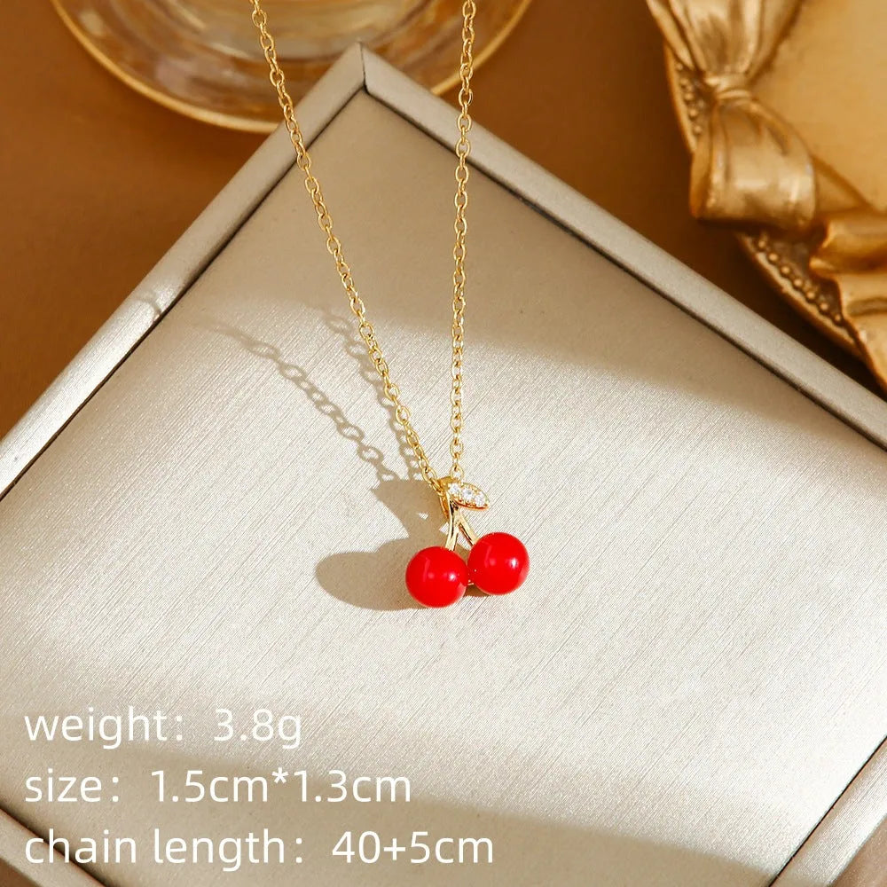 Women's titanium steel necklace with indie cherry pendant on O-ring chain