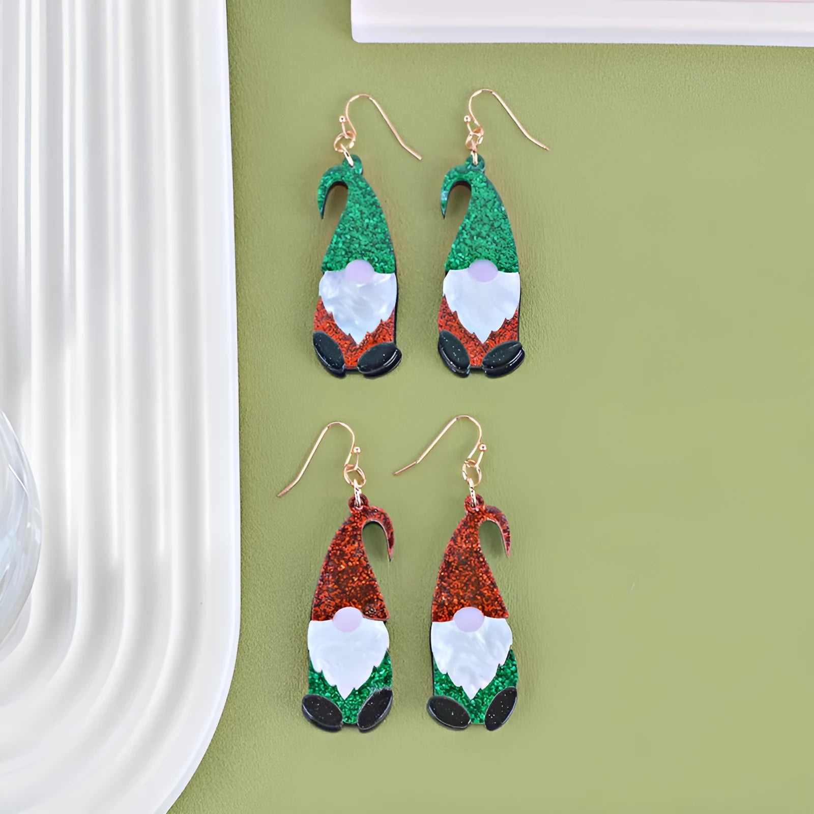 Cartoon Santa Claus acrylic earrings in red, green, and red-green hat styles for Christmas fashion