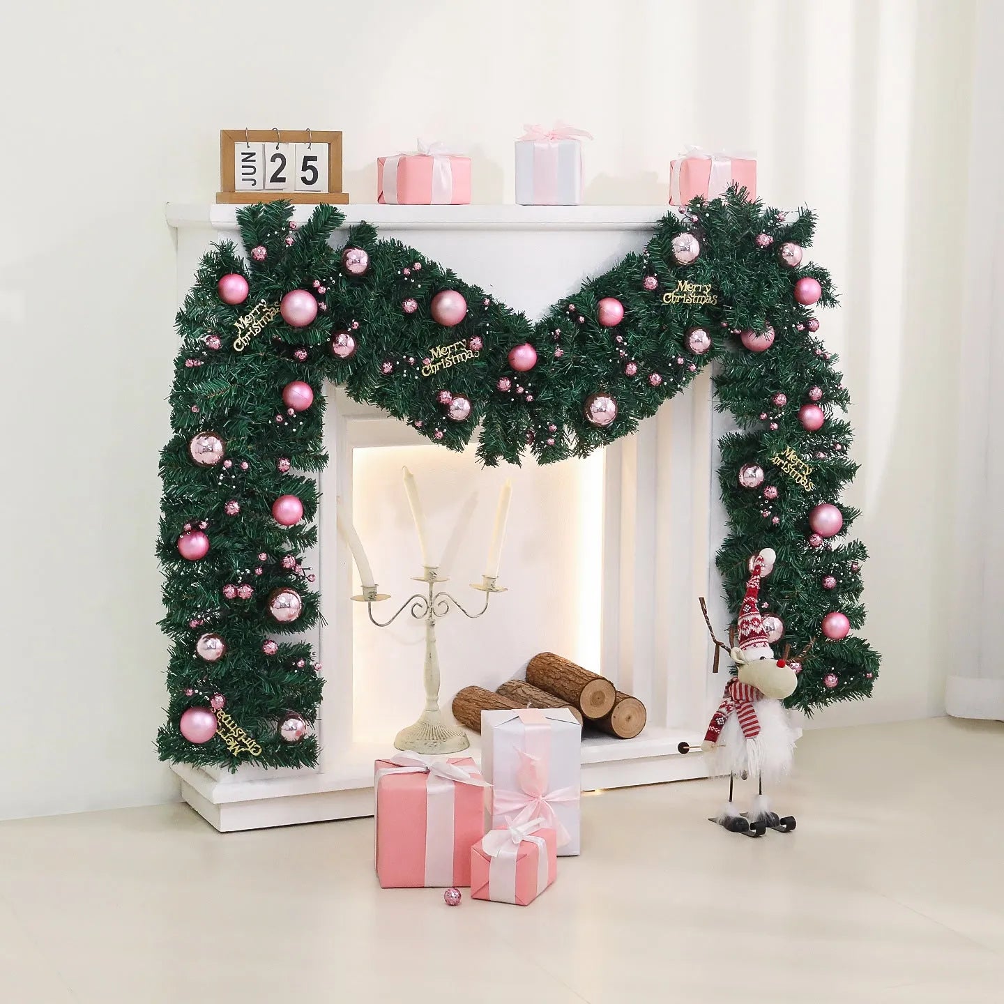 Pink artificial Christmas rattan vine decoration measuring 2.7 metres long with 240 decorative heads