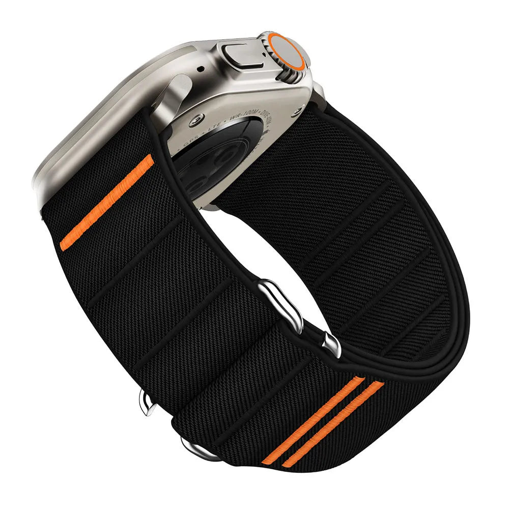 Elastic nylon sports watchband with stainless steel buckle for Apple Watch, shown in Army Green colour.