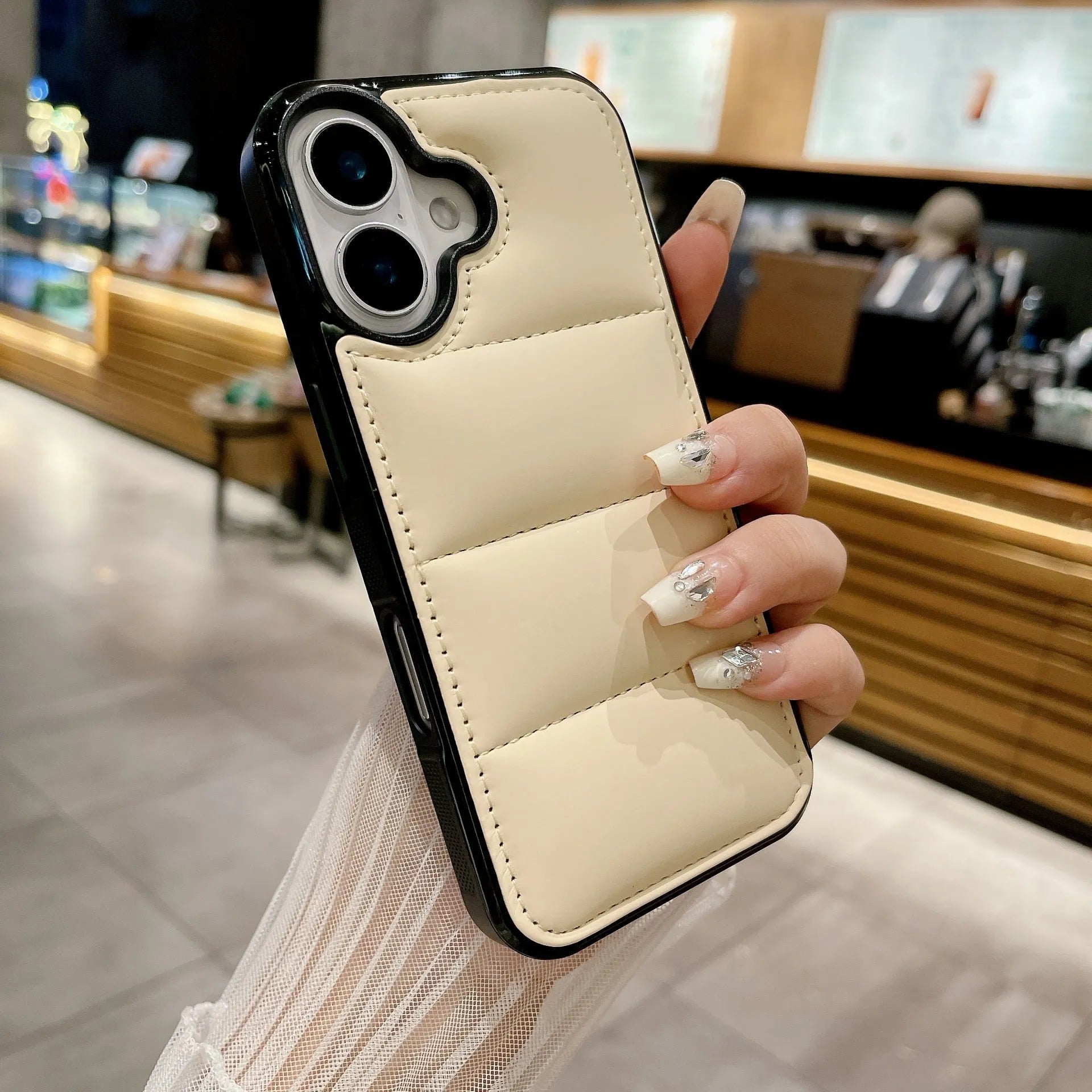 Fashion macaron down jacket shockproof PC phone case with embossed finish for Apple iPhone in multiple colours