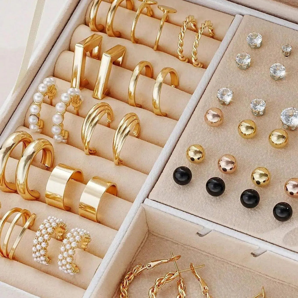 Geometric round pearl earrings in gold and yellow electroplated finishes, 108-piece alloy jewellery set