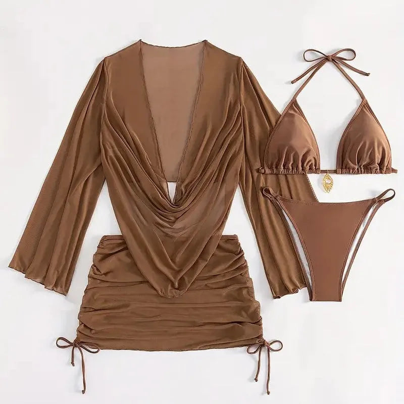 Dark brown women's lace-up backless bikini swimsuit set on a mannequin.
