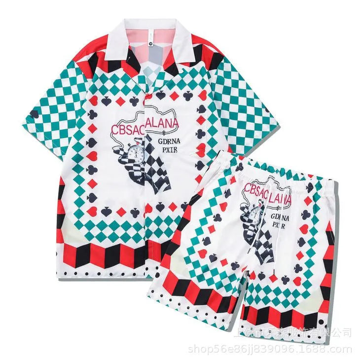 Men's and women's plaid beach shirt outfit with matching trousers in polyester fabric
