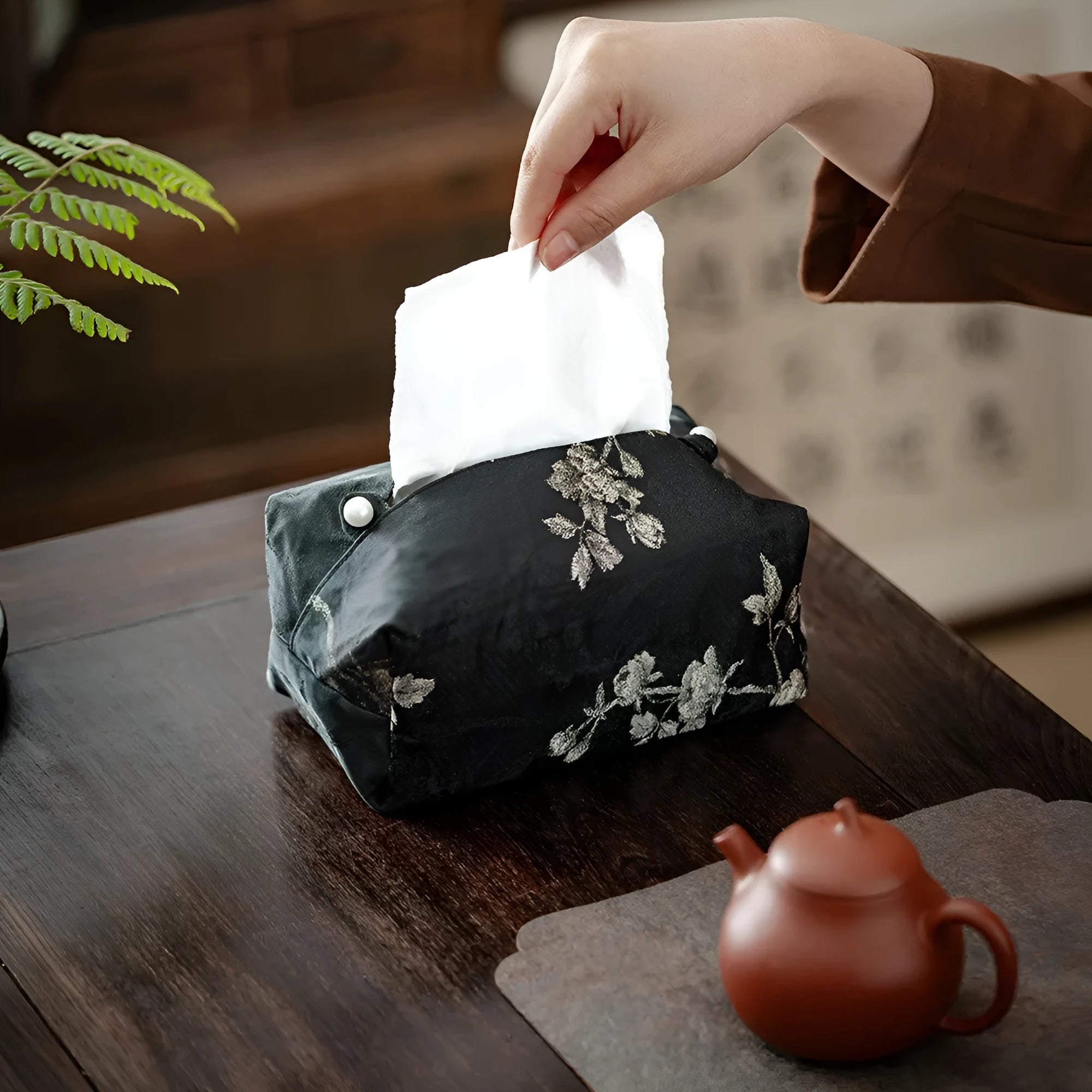 New Chinese style brocade tissue box cover with white plum embroidery, shown with and without a pearl buckle