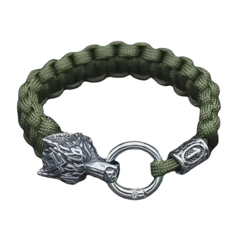 Stainless steel wolf head bracelet with Luen characters in camouflage colour