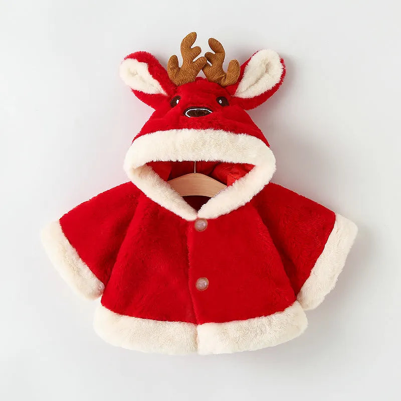 Thick hooded cape coat with small antlers in white for children 70-100cm height winter thermal furry clothes