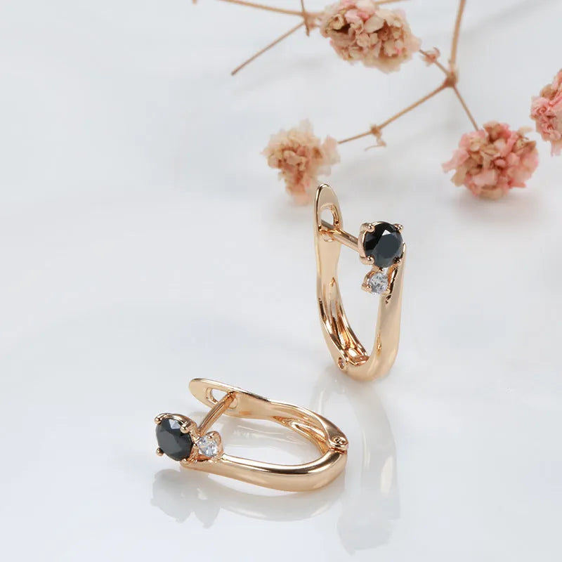 Gold plated black agate drop earrings with geometric retro design for women