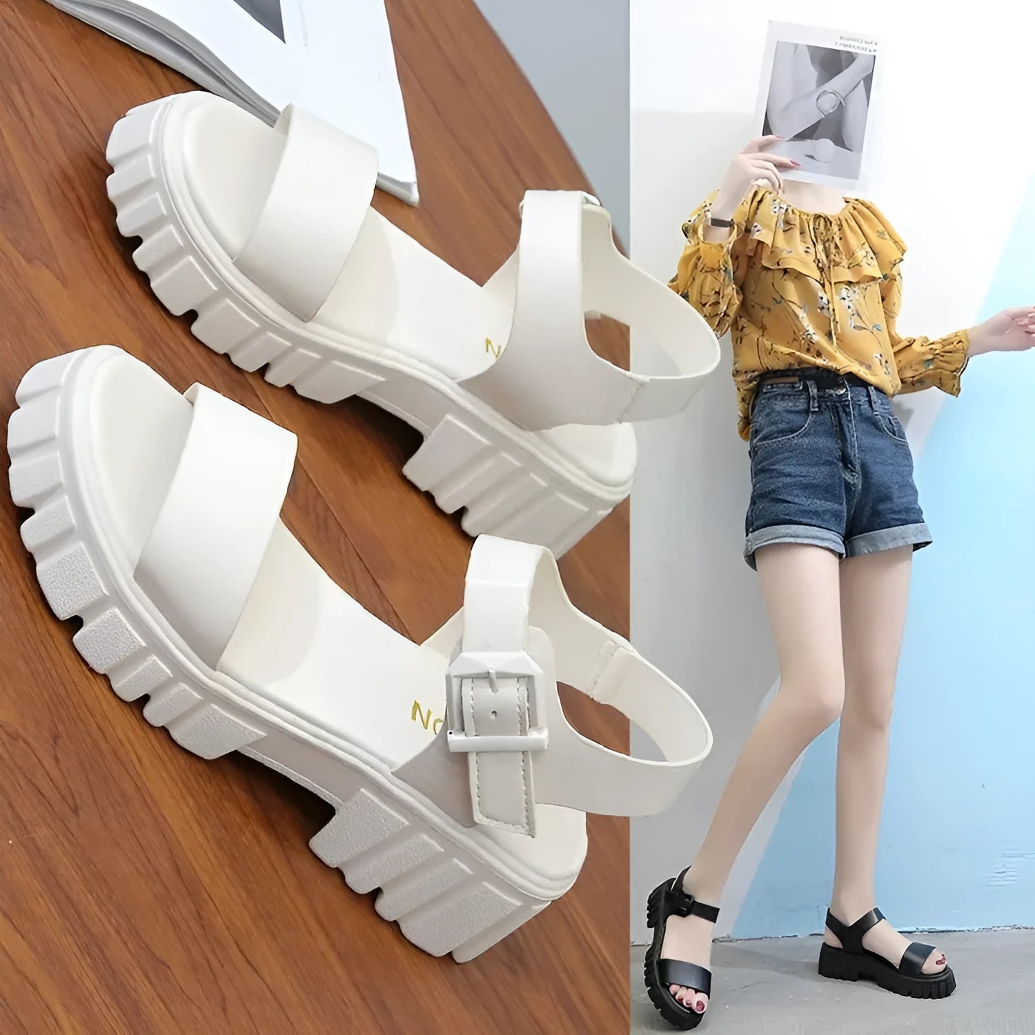Women's beige peep toe ankle-strap buckle platform sandals with fish mouth toe design
