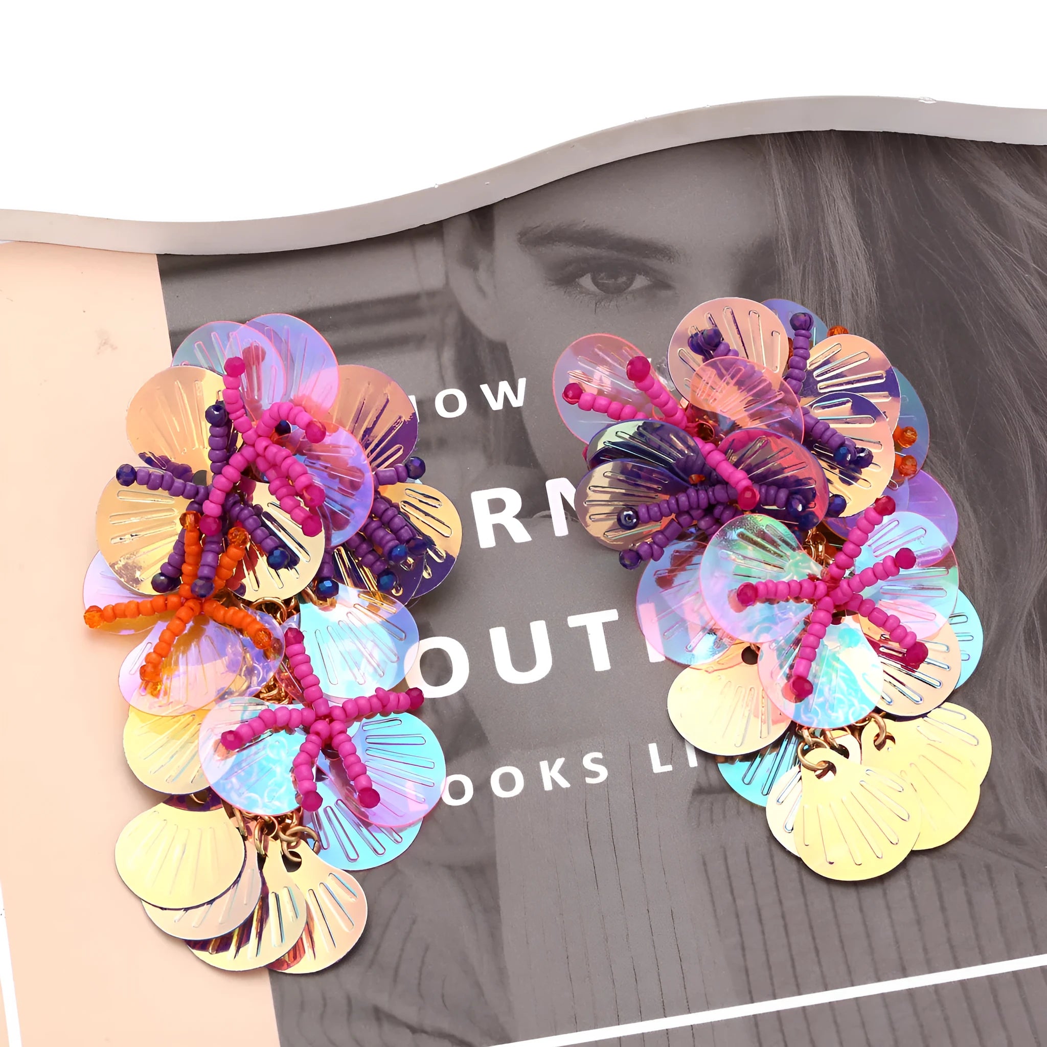 Handmade string bead flower earrings with exaggerated dopamine design in mixed materials showing floral and leaf shapes