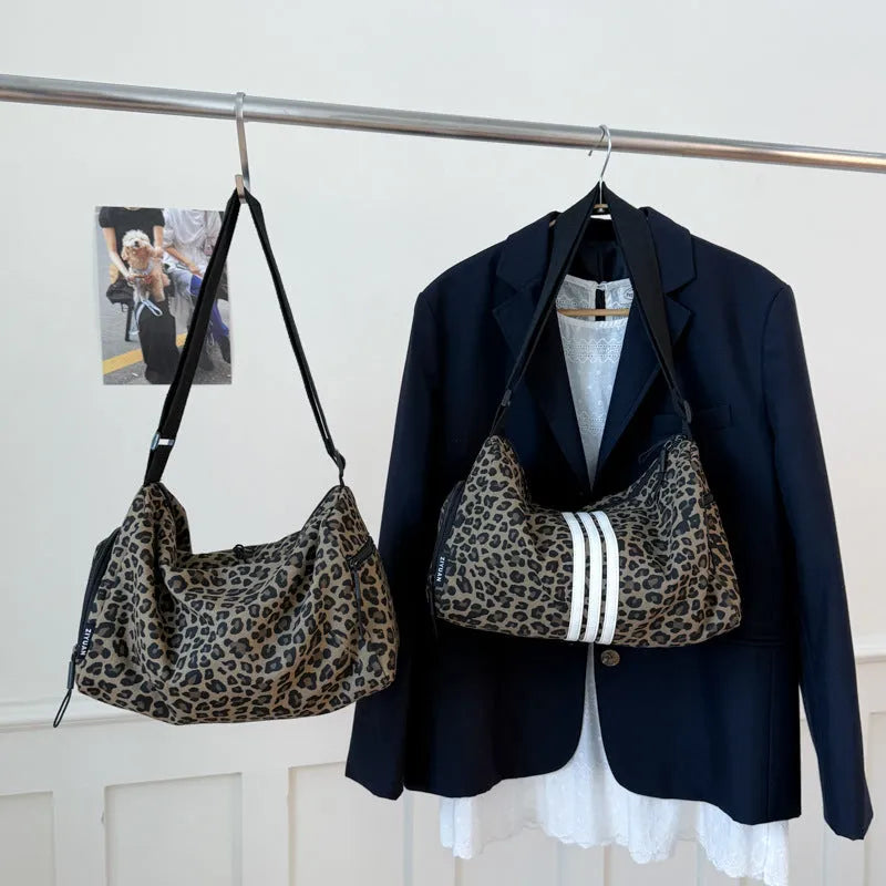 Large capacity leopard print cloth messenger bag with cross-body strap