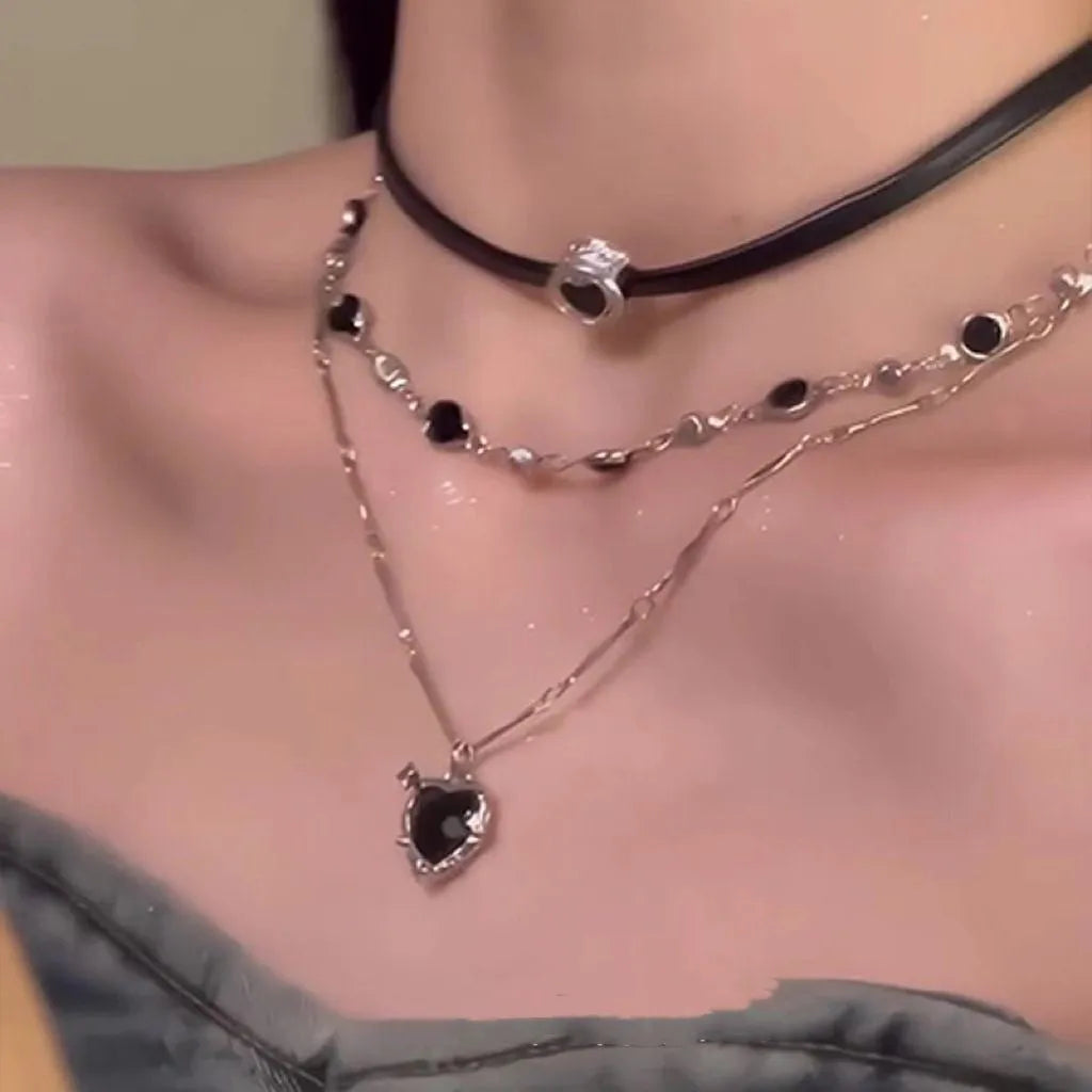 Women's creative multi-layer twin necklace set with heart pendants on adjustable alloy chain