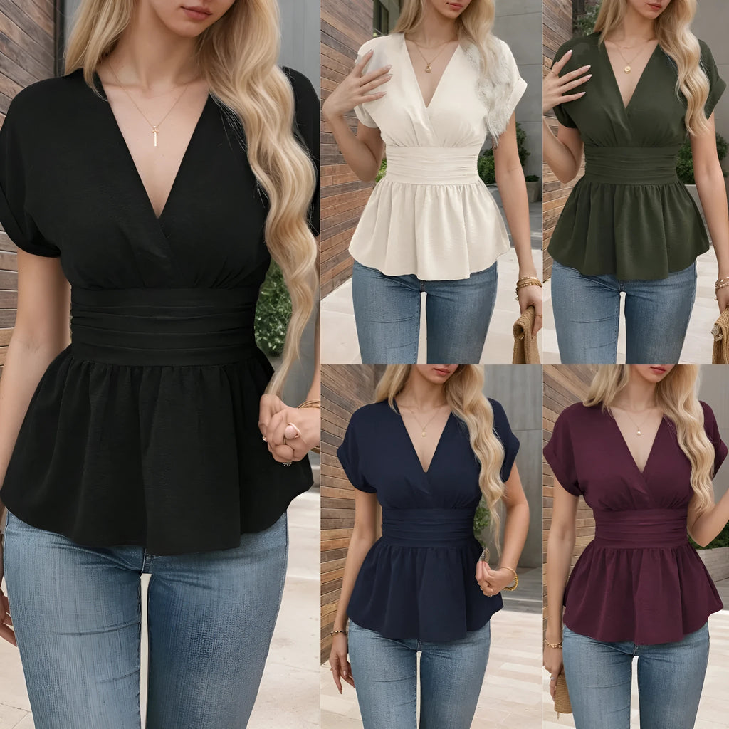Women's slim fit V-neck top with pleated waist detail in solid colour polyester.