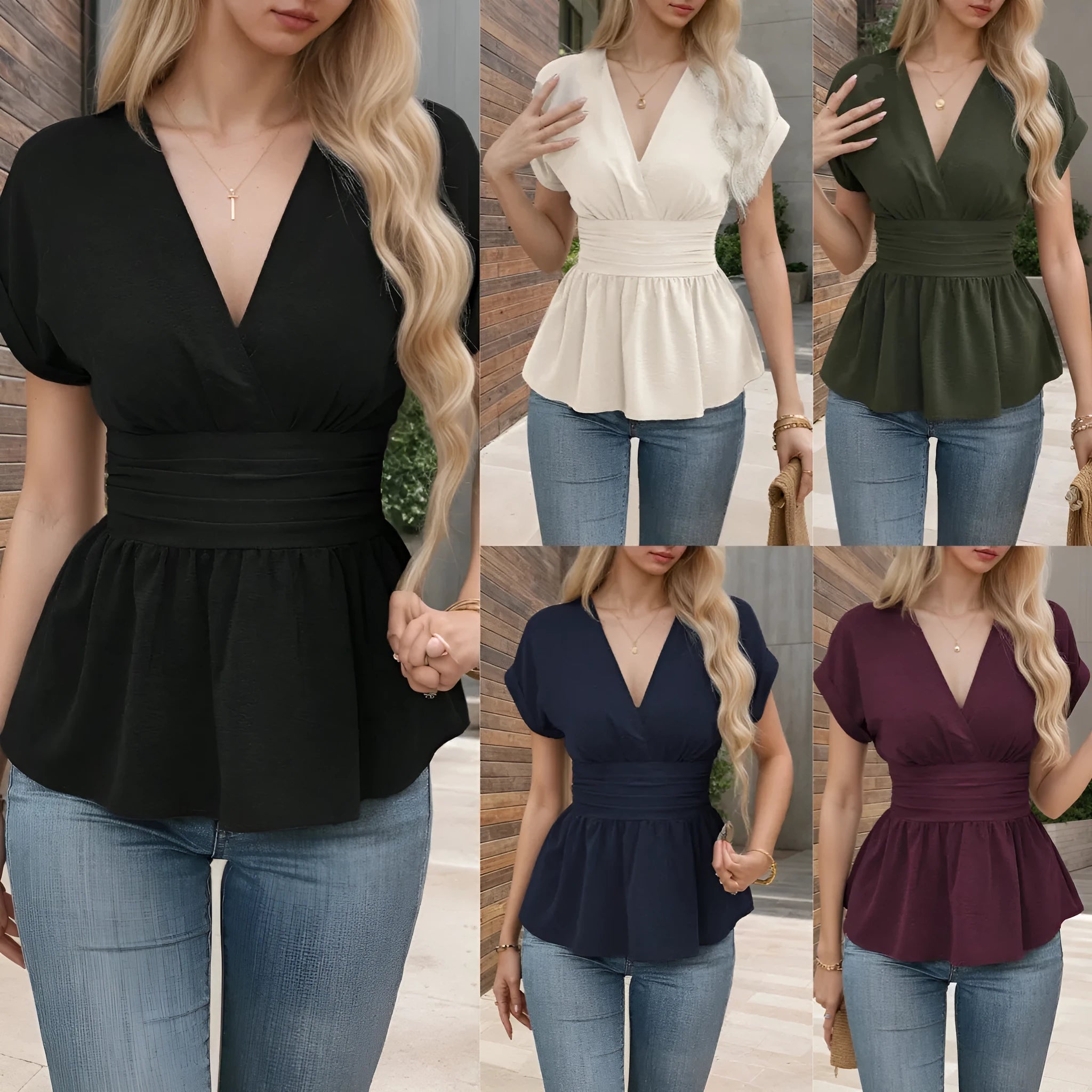 Women's slim fit V-neck top with pleated waist detail in solid colour polyester.