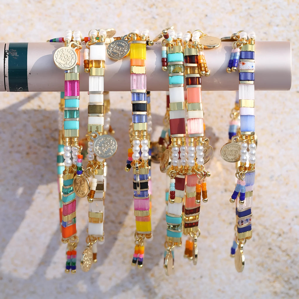 Women's handmade bracelet with imitation pearls and glass coloured beads in original design