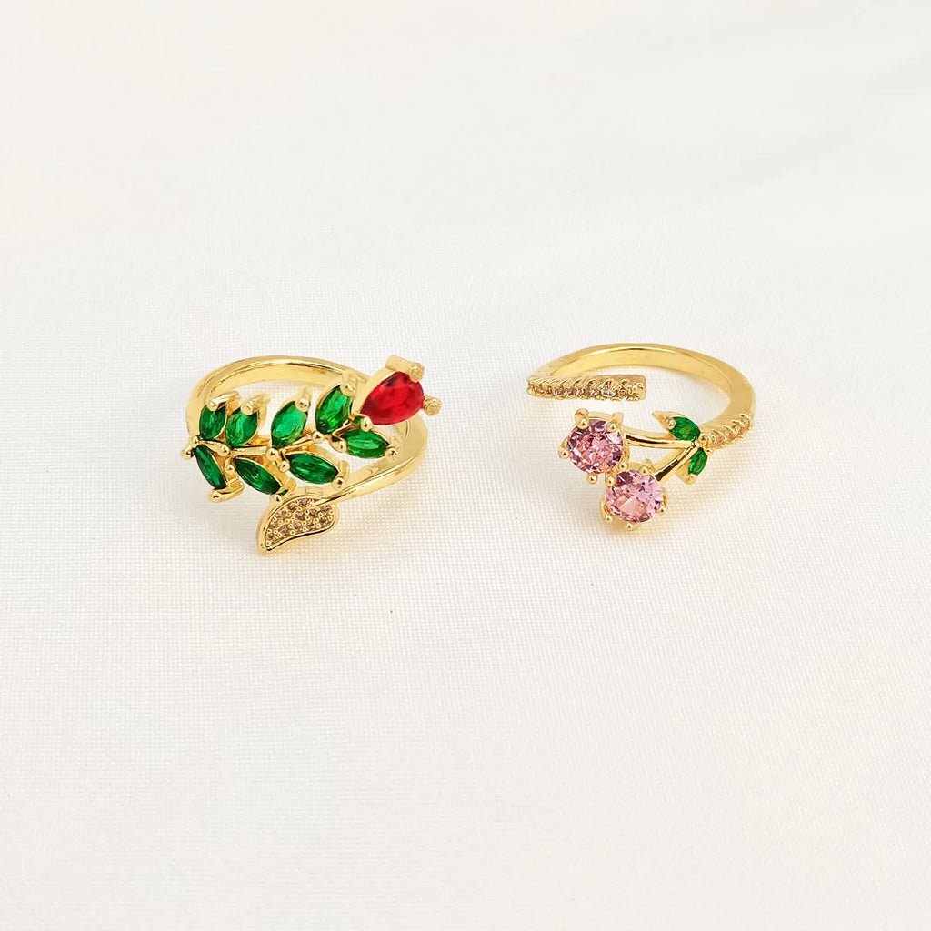 Copper open mouth ring with geometric leaf pattern and zircon detailing in national style design