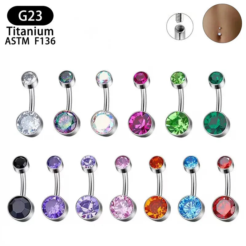 Titanium alloy double-headed navel stud with internal thread in geometric shape showing colour options