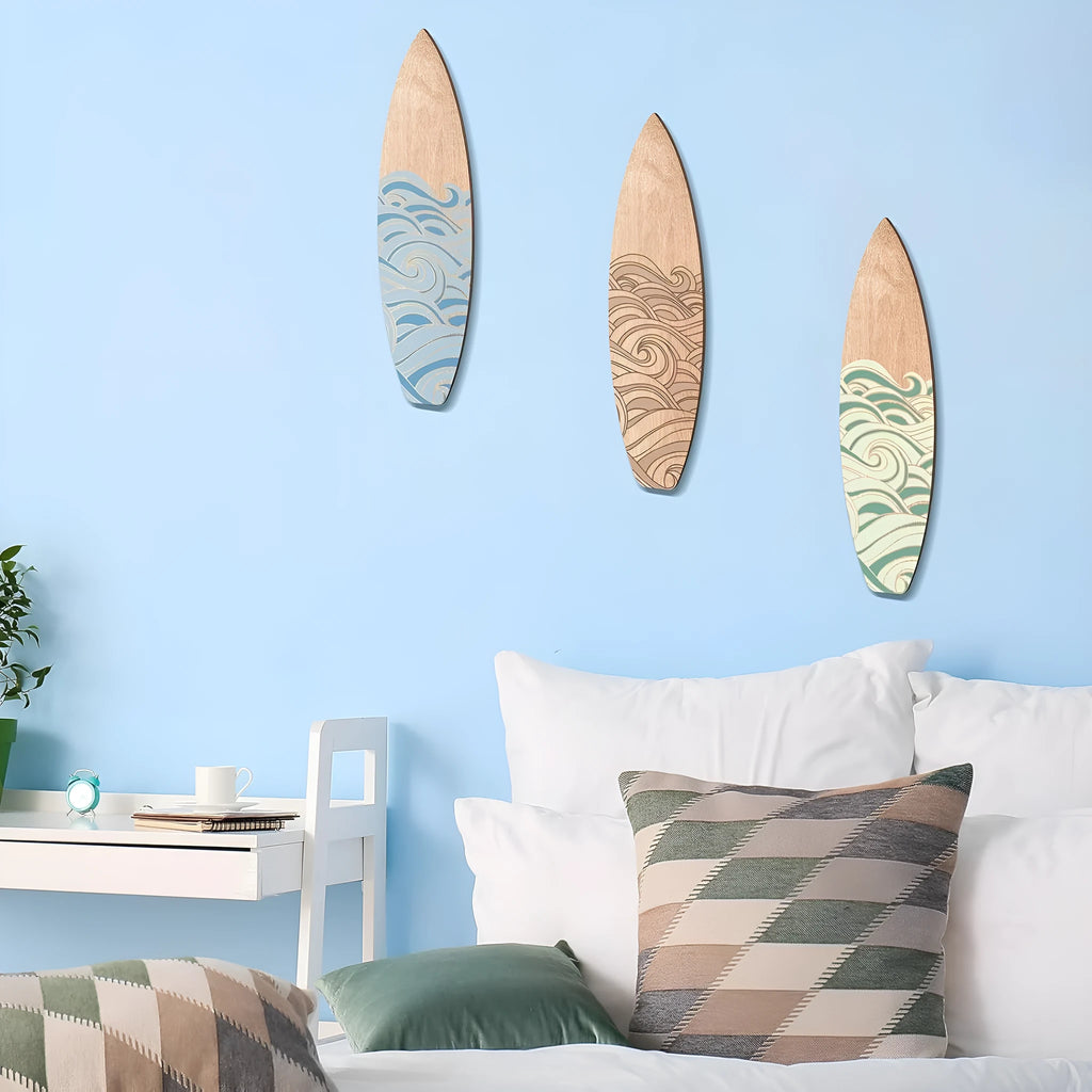 Three wooden surfboard wall decorations in European style design made from boxwood