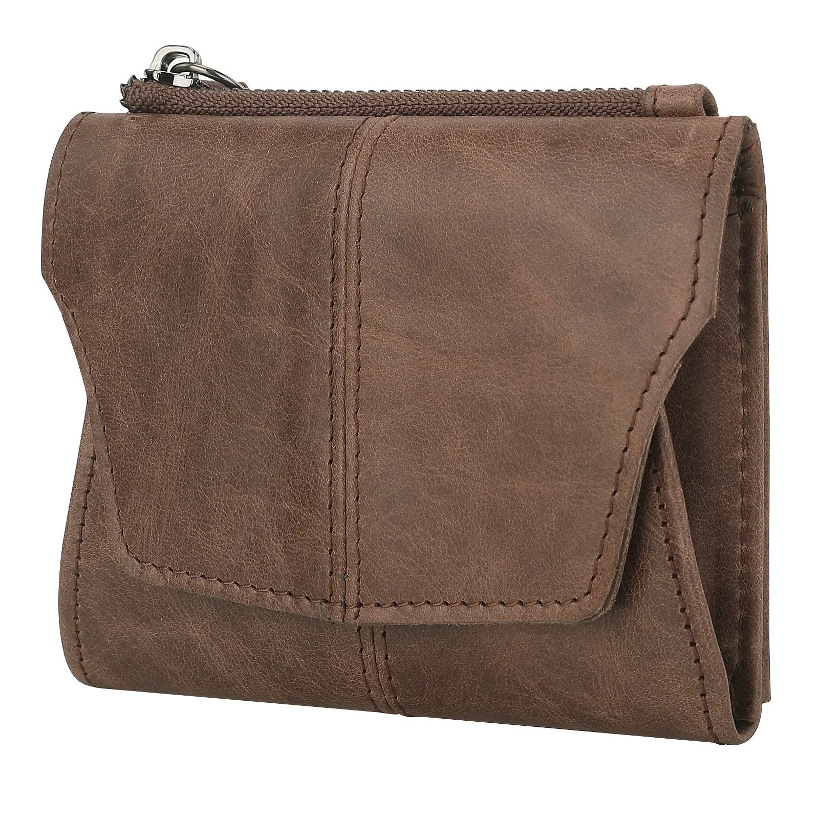 Cowhide genuine leather multifunctional coin purse wallet in retro style with stitching details.