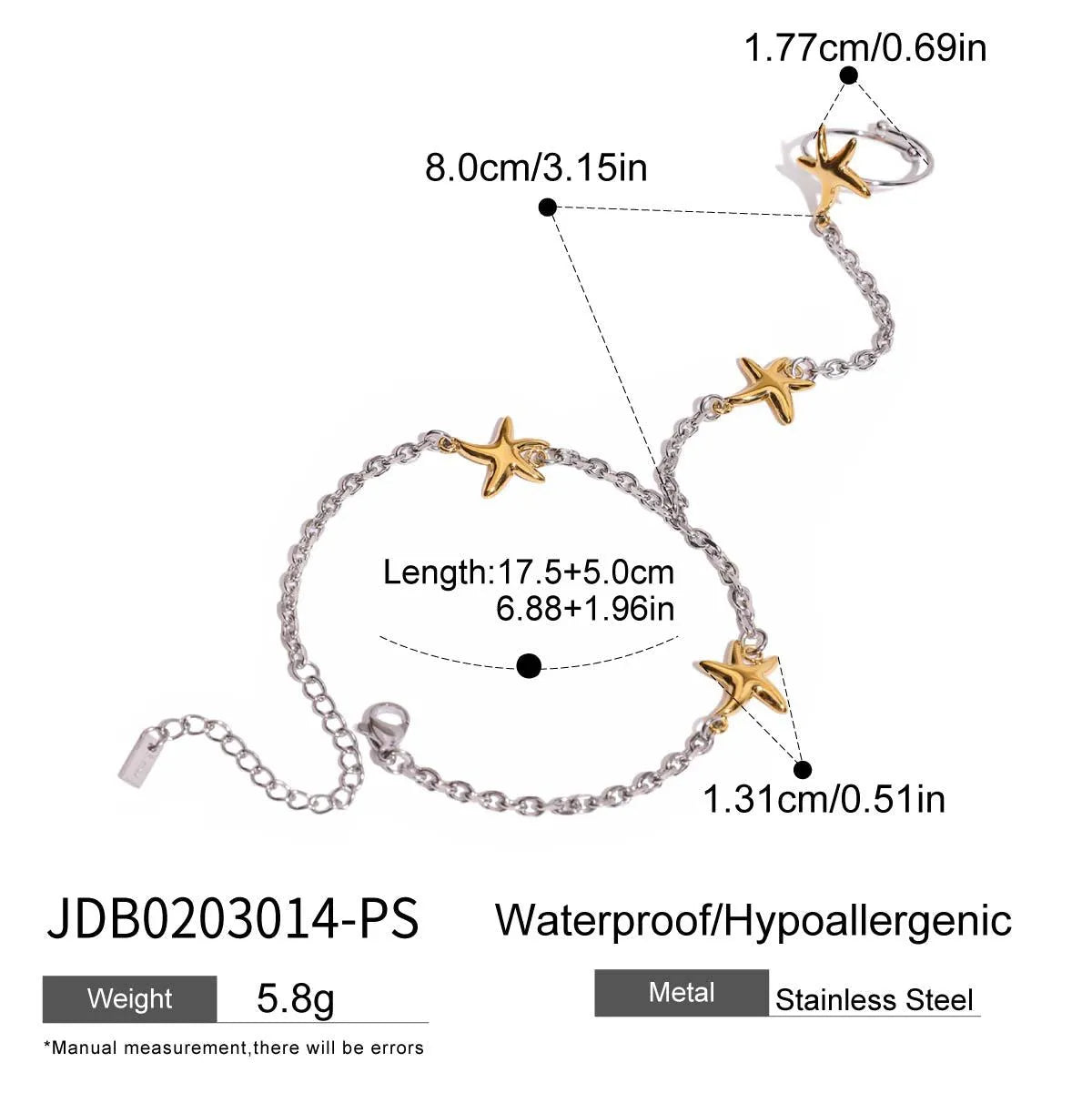 Women's stainless steel starfish mitten-type bracelet in gold and silver geometric chain style