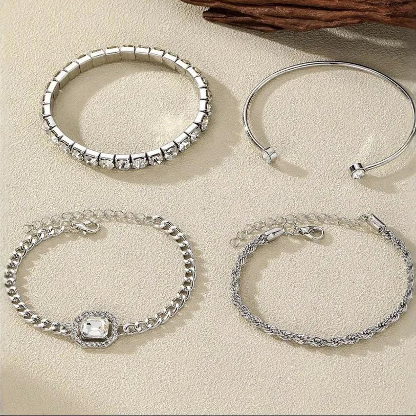 Women's four-piece retro geometric bracelet set in gold or silver alloy with square diamond design