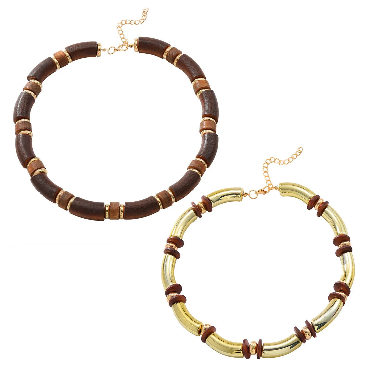 Women's wooden necklace and bracelet jewellery set with alloy chain and round pendant