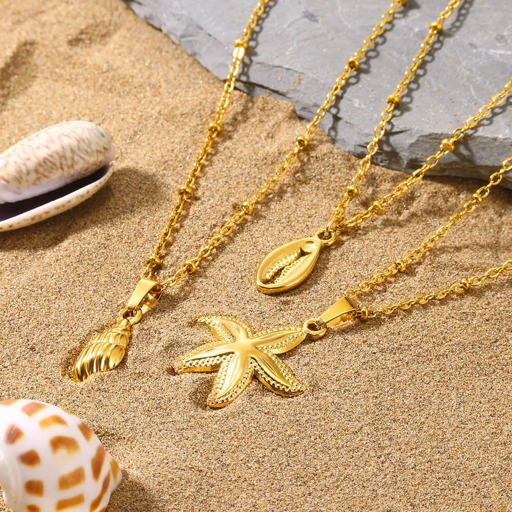 Stainless steel shell necklace with 18K electroplated finish in unisex European American style