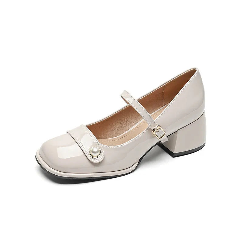 Women's patent leather ankle boots with chunky block heel and buckle fastening in three colour options