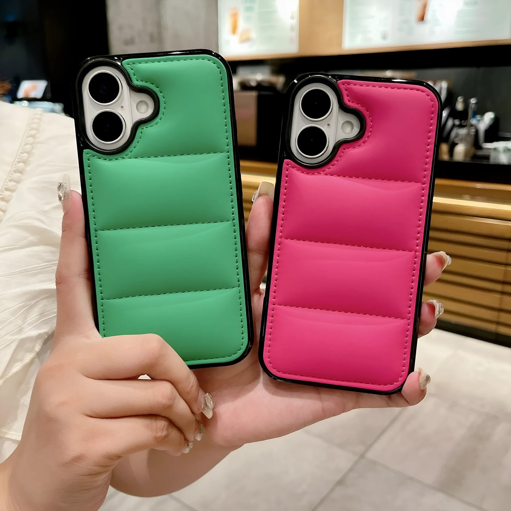 Fashion macaron down jacket shockproof PC phone case with embossed finish for Apple iPhone in multiple colours