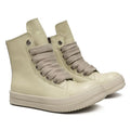 Black genuine leather high-top sneakers with a side zipper on a mid-heel platform sole.