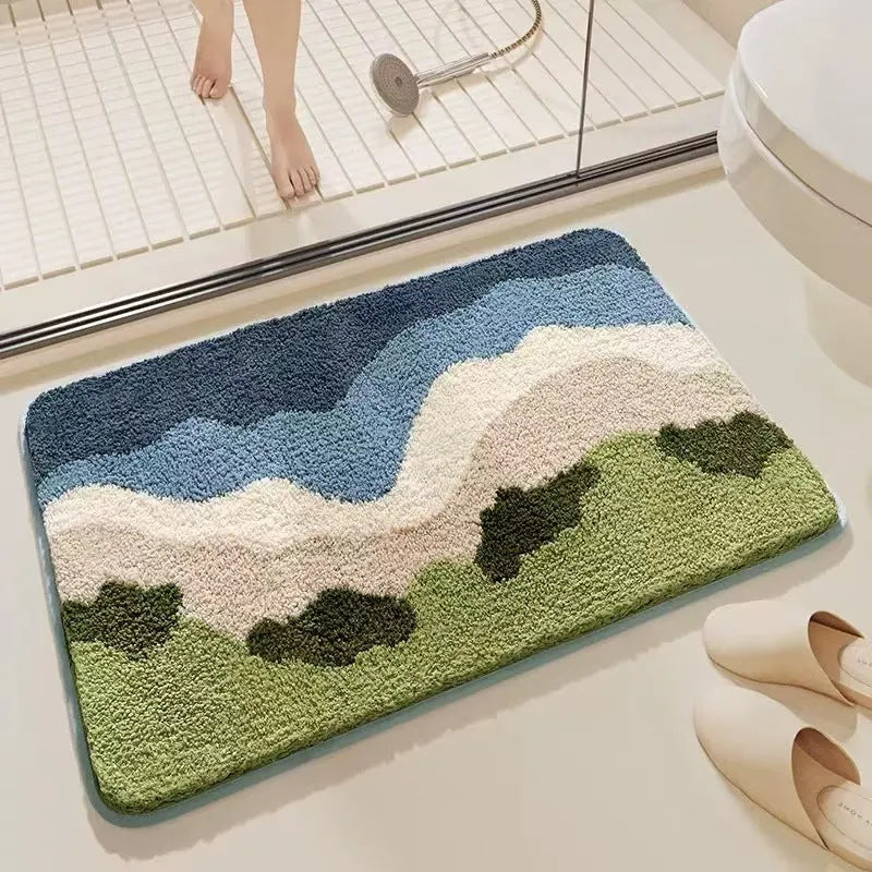 Square rainbow pattern floor mat with plastic bottom in Sky Sea colour, shown in 40x60cm size