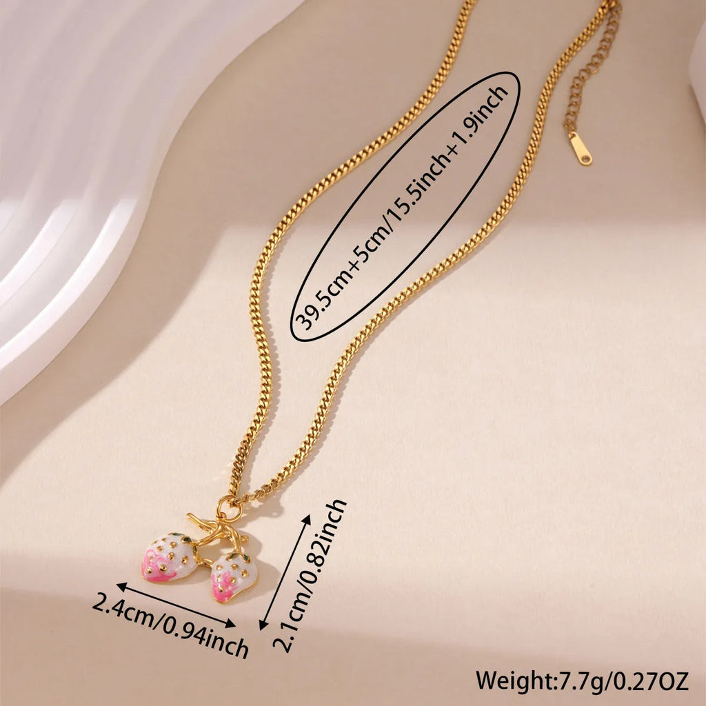 Stainless steel necklace with strawberry fruit pendant in red and white powder gradient colour options