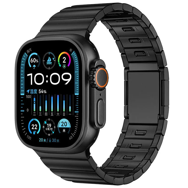 Stainless steel magnetic buckle Apple Watch strap showing silver colour option on wrist
