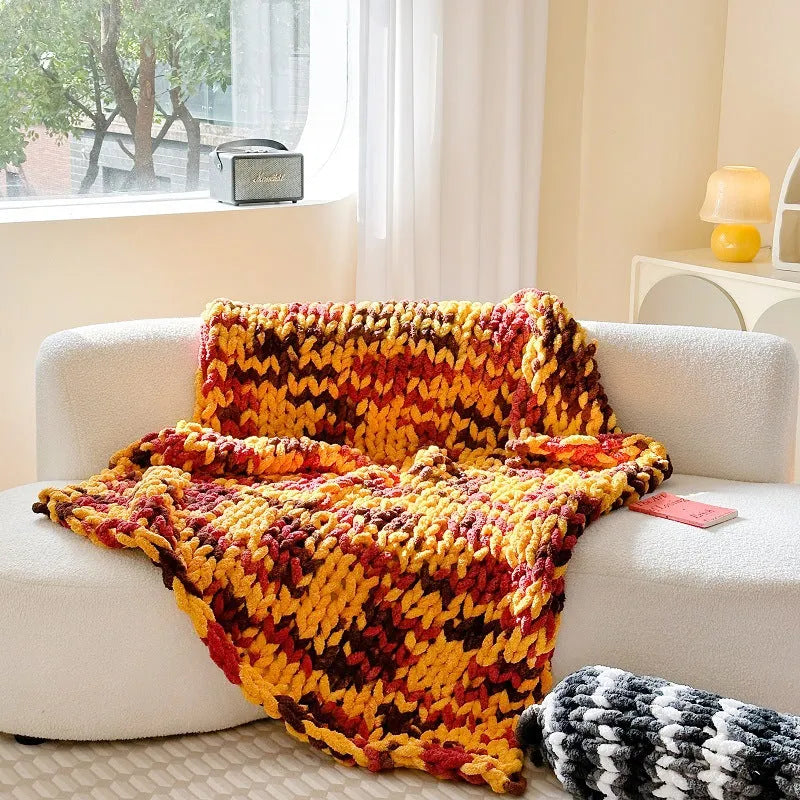 Striped chenille cover blanket 130x170cm in caramel mango colour