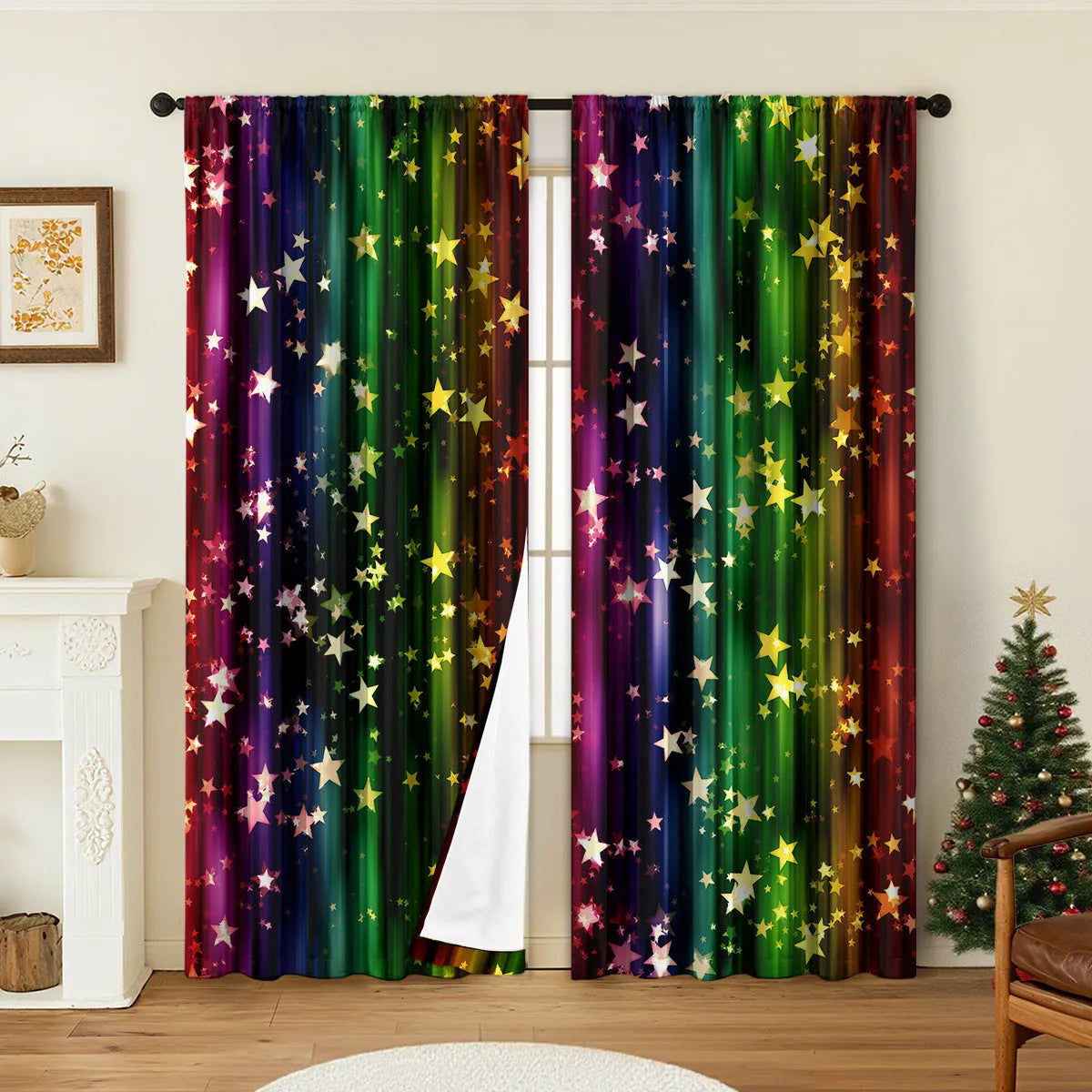 3D printed Christmas curtains with festive designs on polyester fabric, showing European-style patterns