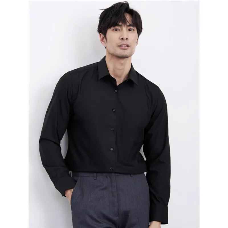 Men's wine red slim fit business shirt with long sleeves and non-ironing polyester blend fabric