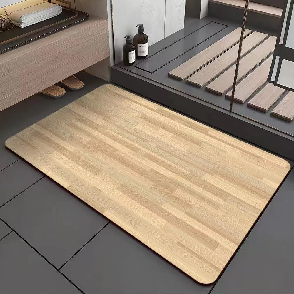 Square diatomite bath mat with a geometric wood grain pattern in a bathroom setting.