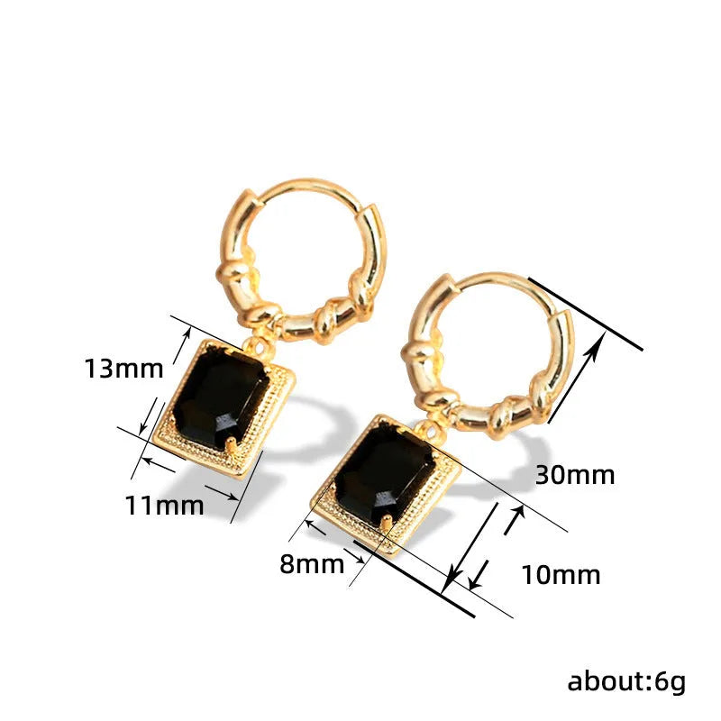Geometric black zircon copper earrings with quadrilateral design and French court retro styling