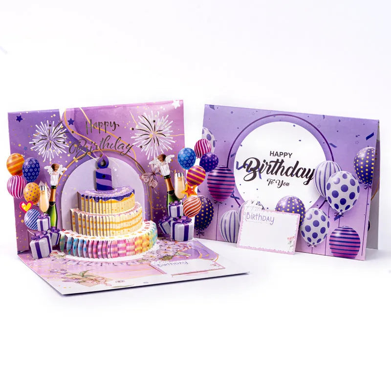 Open 3D pop-up birthday card with cake design, light, and Chinese ink style artwork.