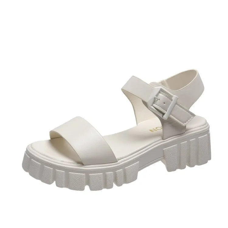 Women's beige peep toe ankle-strap buckle platform sandals with fish mouth toe design
